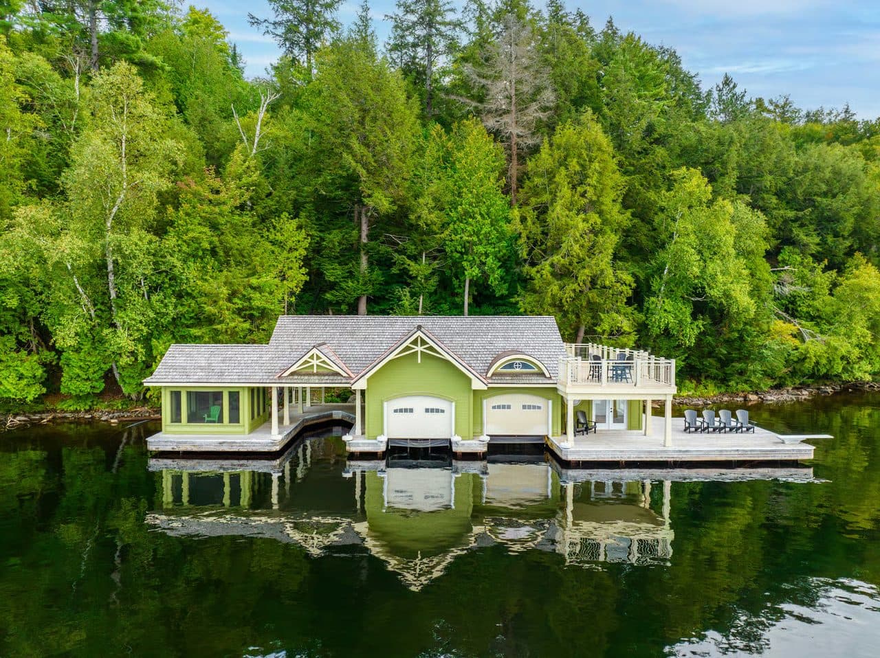 Freshly painted cottages along a Muskoka shoreline